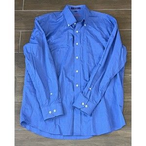 Alan Flusser Mens Shirt Size L Button Solid Blue Long Sleeves Cotton Pocket